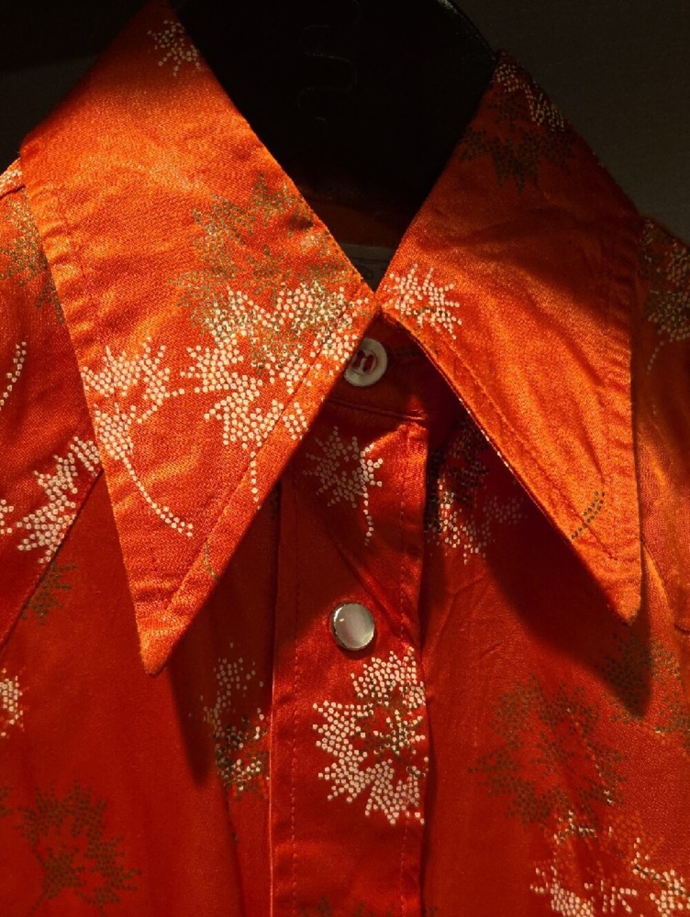 Women's Vintage Western H Bar C Orange Floral Satin Pearl Snap Shirt - Picture 2 of 8